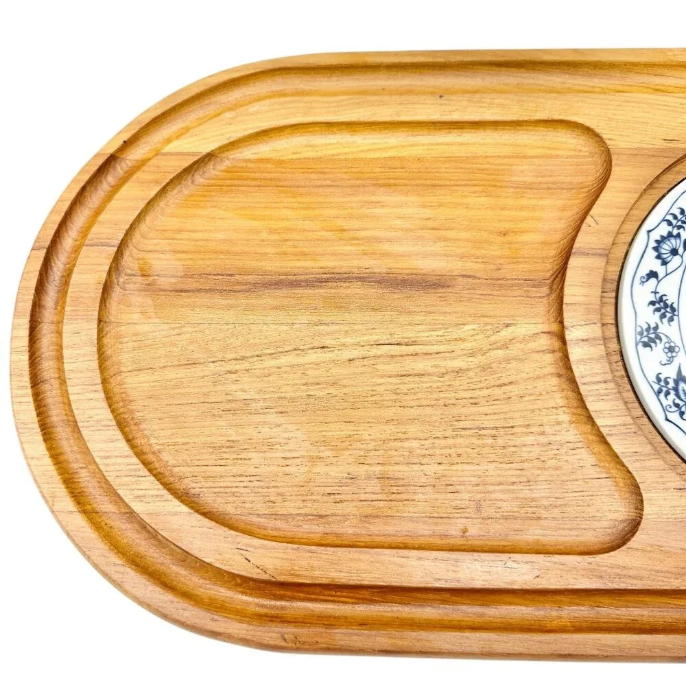 Vintage Dolphin Teakwood Serving Tray Ceramic Plate Insert 17.5